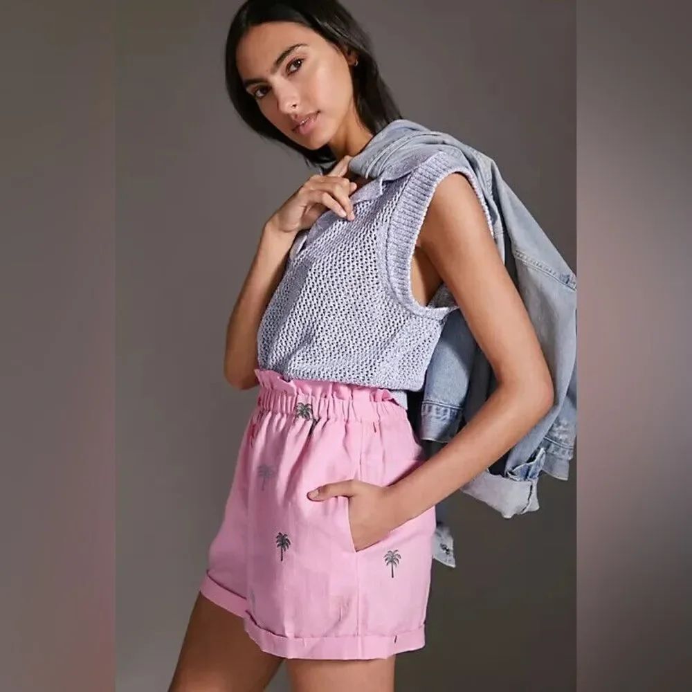 Anthropologie FARM Rio Palm Tree Embroidered Linen Shorts NWT